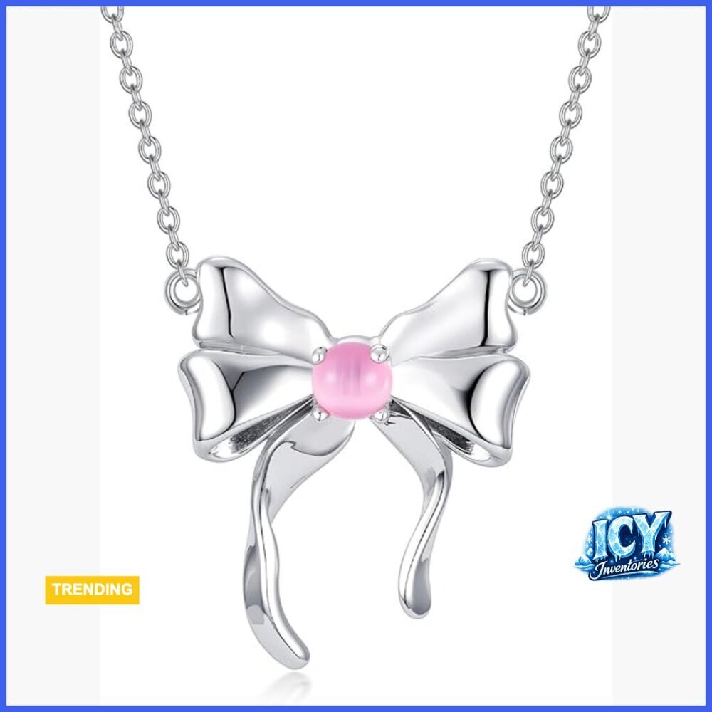 925 Sterling Silver Bow Pendant Necklace with Natural Rose Quartz